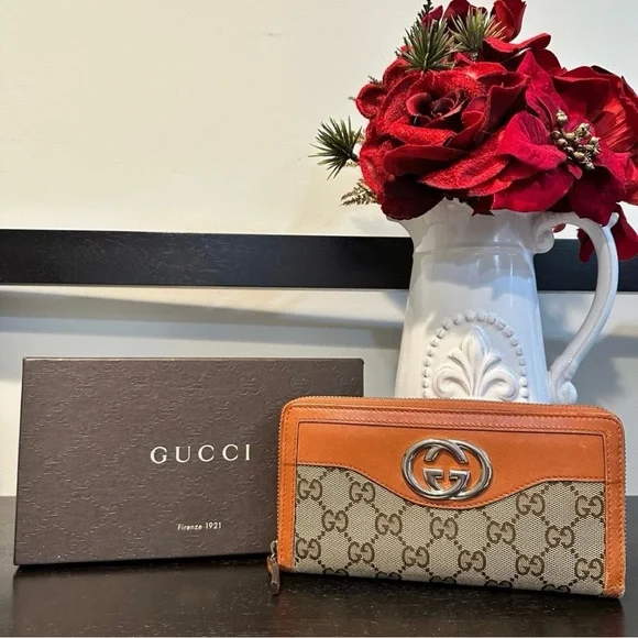 Gucci GG Canvas Zip Around Wallet Brown & Orange Leather Authentic - Picture 2 of 12
